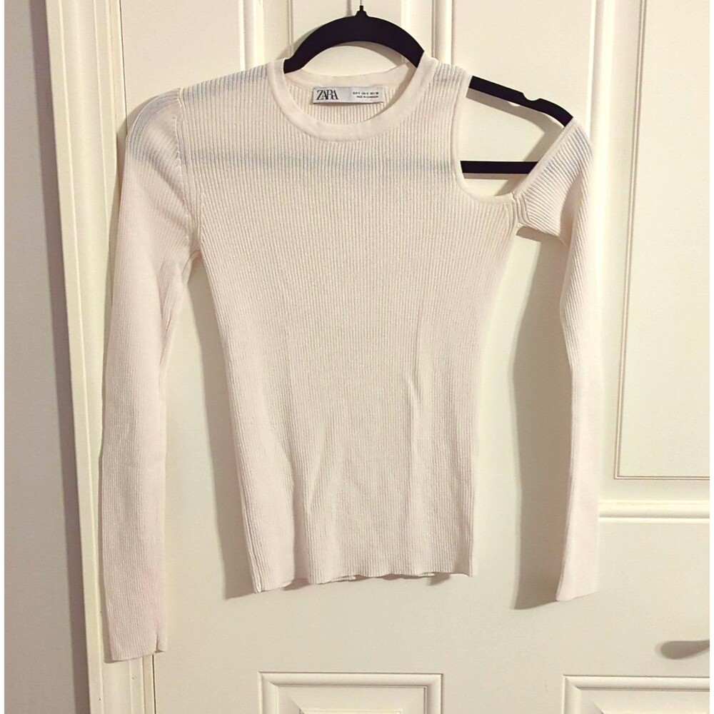 ZARA White Y2K Rib-Knit Crew Neck LS Cutout Shoulder Sweater - S - Clubwear